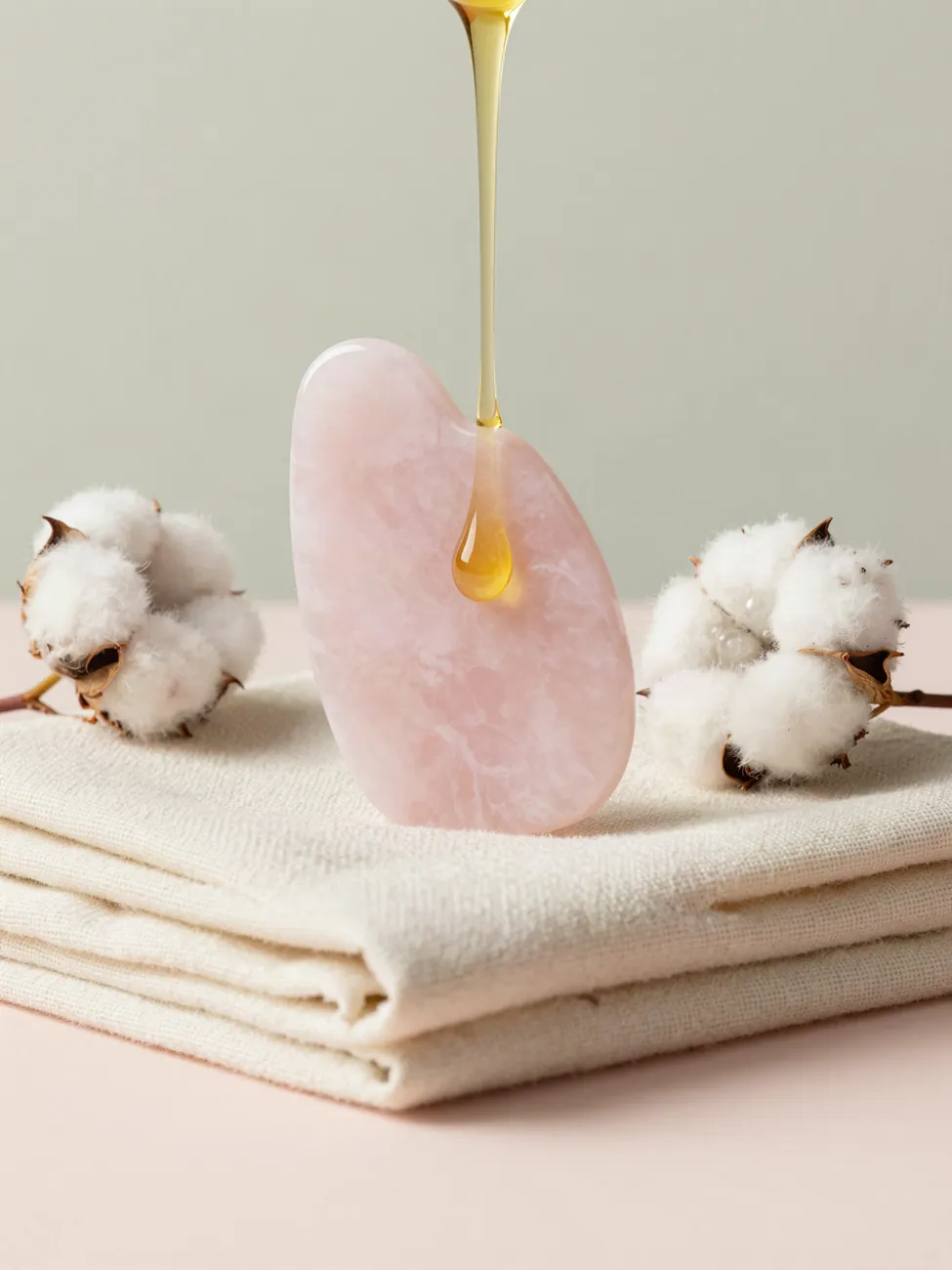 Pierre de quartz rose, goutte d'huile dorée et fleurs de coton sur une serviette en lin